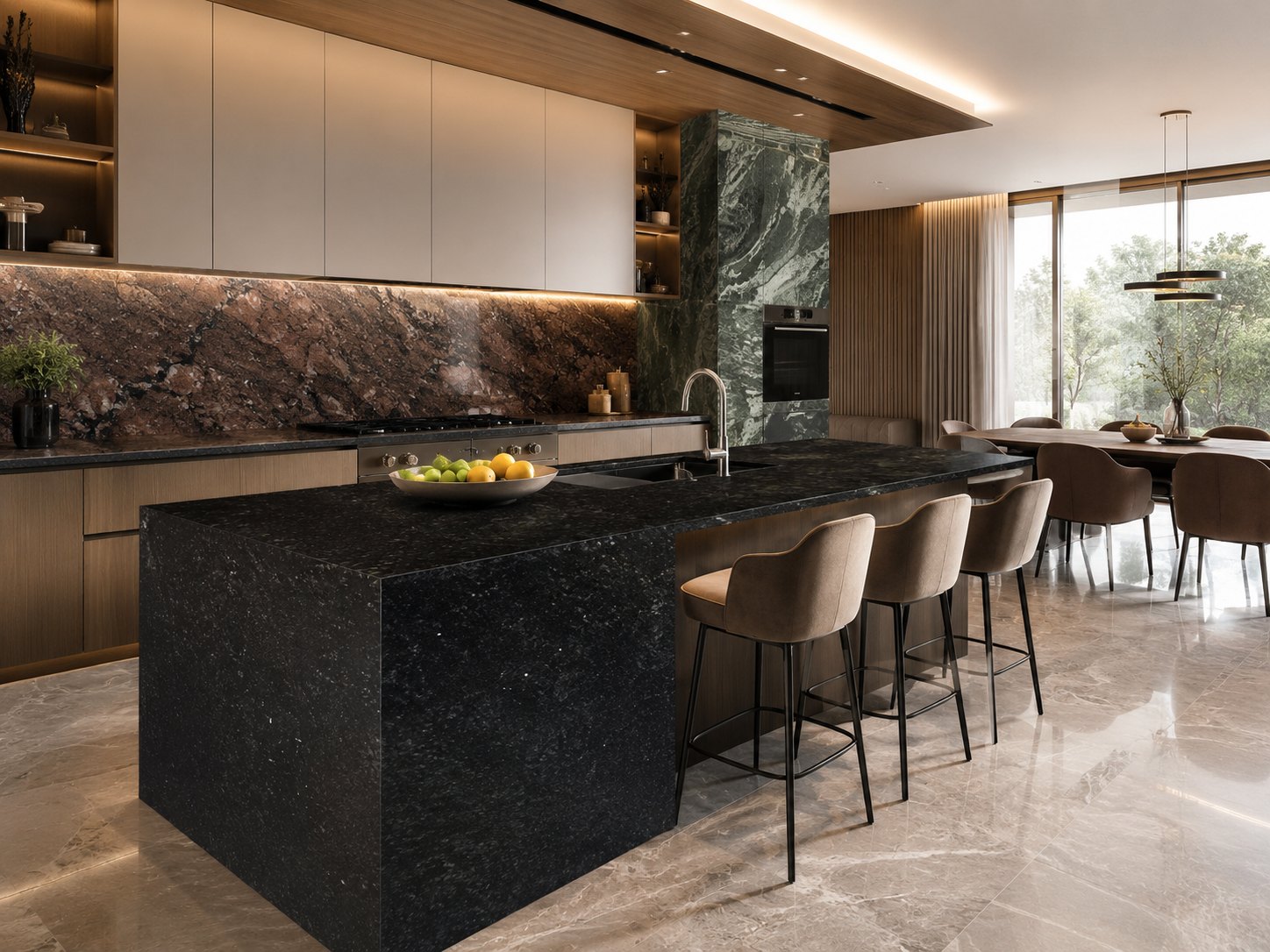 Monolithic island in black granite — Indian natural stone used in a kitchen