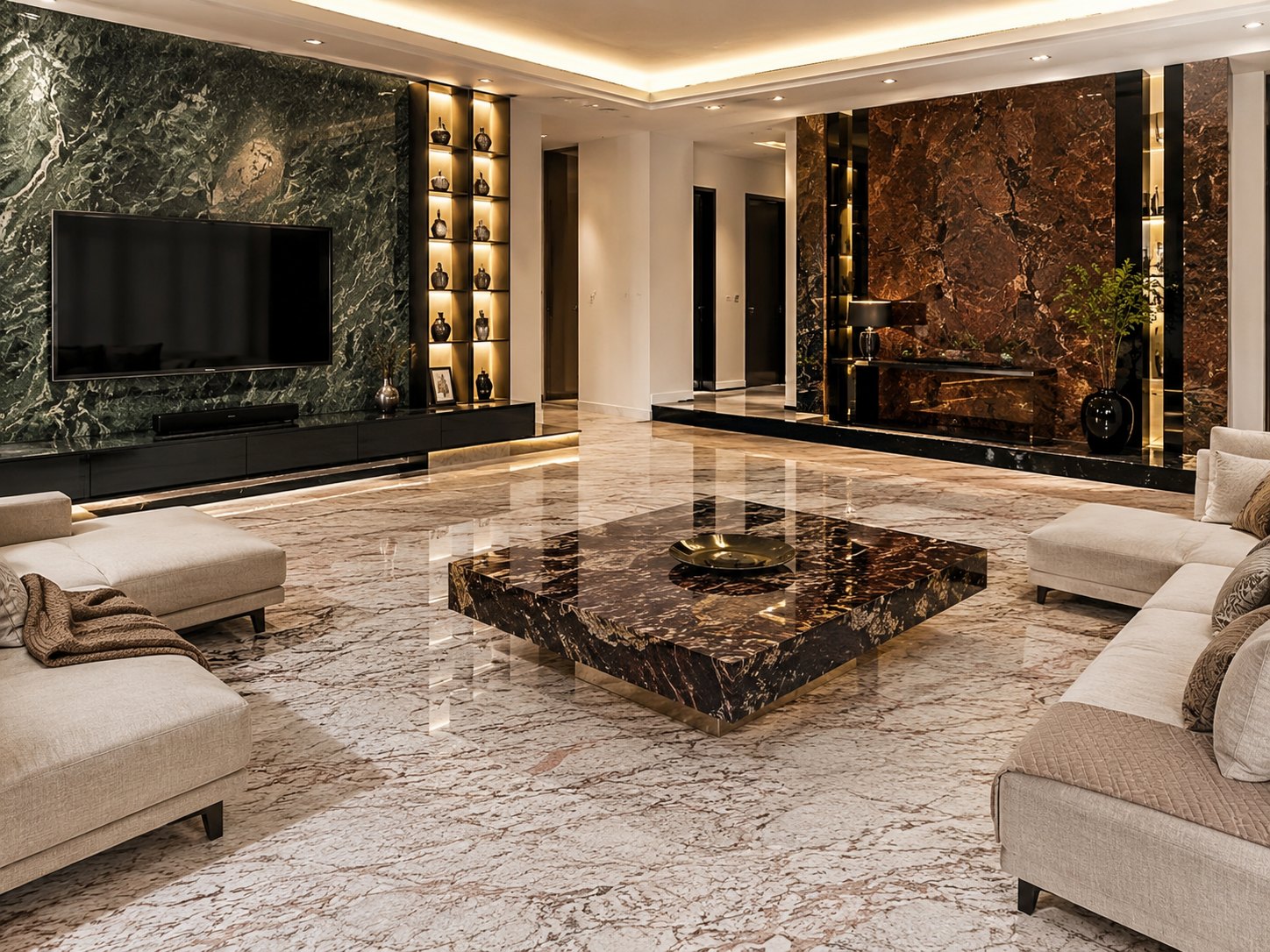 Book-matched feature walls — Indian natural stone used in a living room