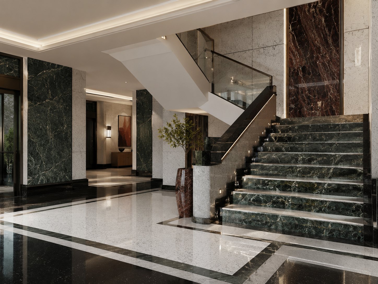 Lobby staircase in green marble — Indian natural stone used in a lobby