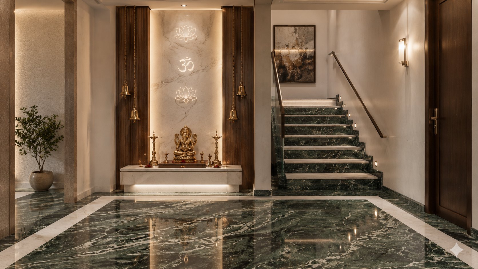Green marble floor and stair — Indian natural stone used in a entrance